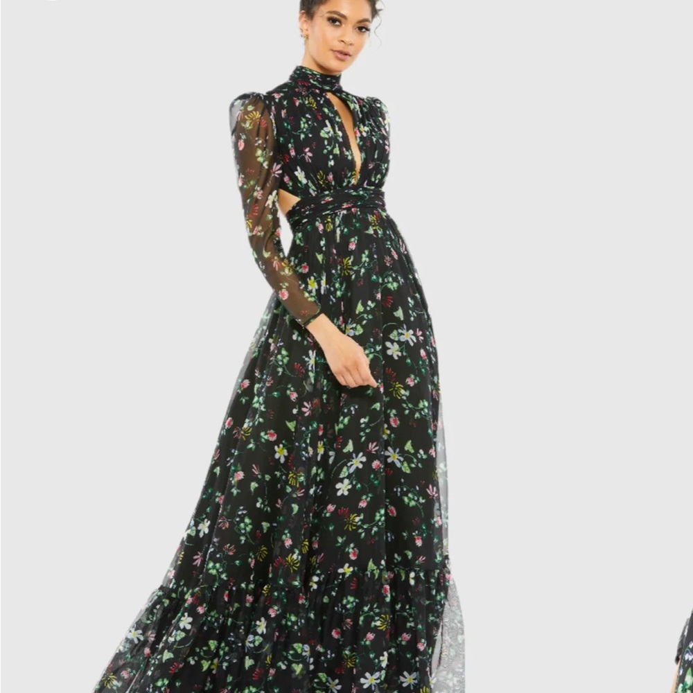 NWT Mac Duggal Black Floral High Neck Puff Sleeve Gown
